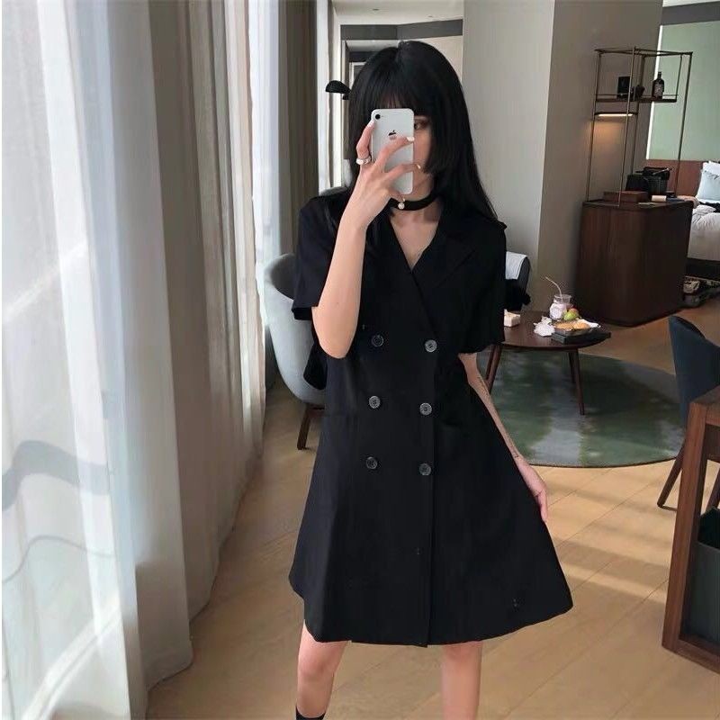 Đầm Đen Thời Trang Mùa Hè Phong Cách Hàn Quốc Size Xs-2xl👗👗Đầm Chữ A Tay Lửng Một Hàng Nút Cổ Vest Phong Cách Hong Kong Thời Trang Cho Nữ