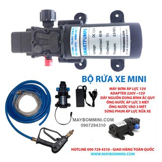 máy rửa xe mini trọn bộ đủ phụ kiện bơm 80w adapter 220-12v 7m ống trõ lọc, 1 đầu xịt nước