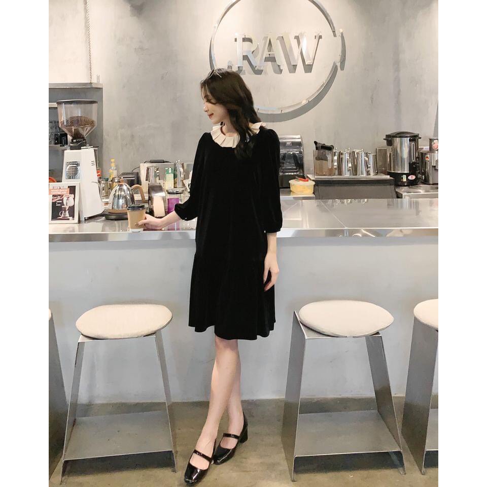 Váy suông phối cổ nữ dáng dài Eva Design chất liệu nhung cao cấp kiểu hàn quốc siêu đẹp , siêu xinh