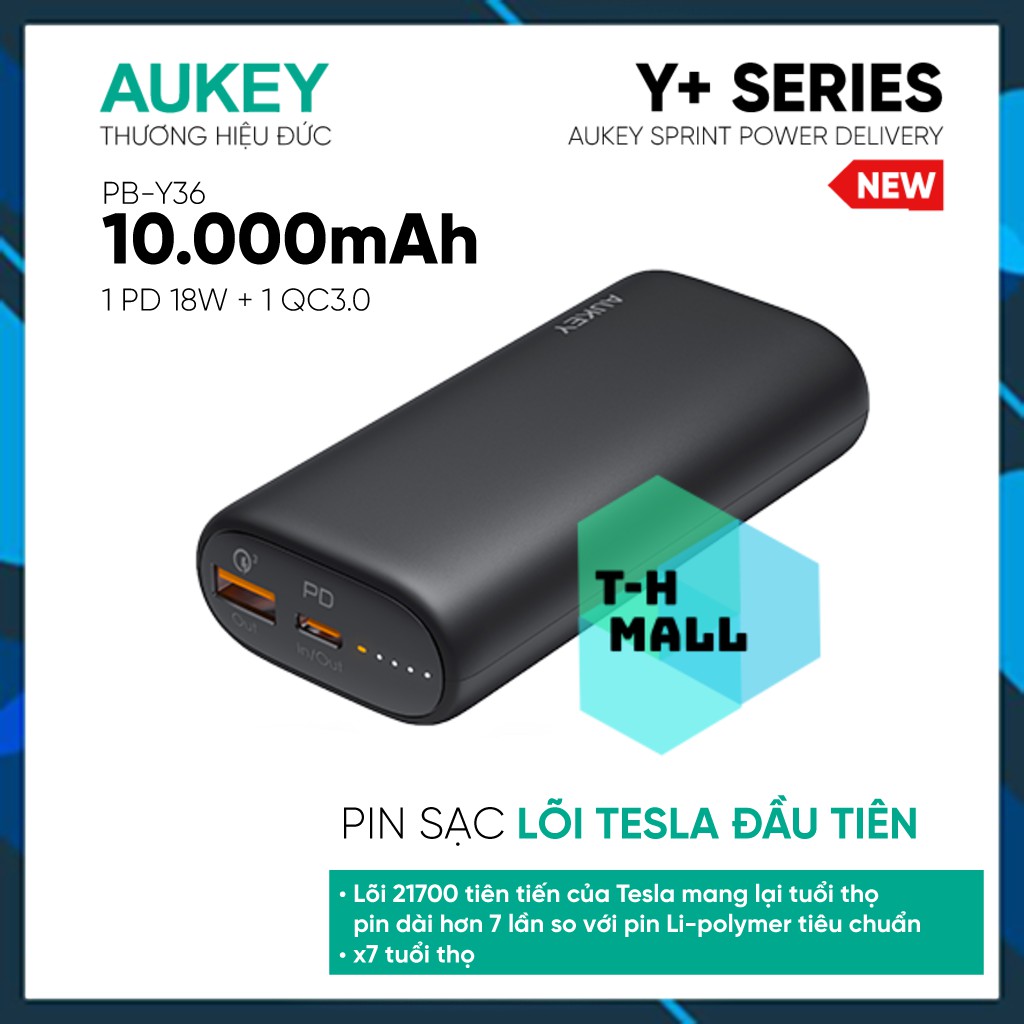 Pin sạc dự phòng Aukey PB-Y36 10.000 mAh Lõi Pin Tesla, PD 18W và QC 3.0 18W, Tích Hợp Đèn Báo Sạc Nhanh - Chính Hãng