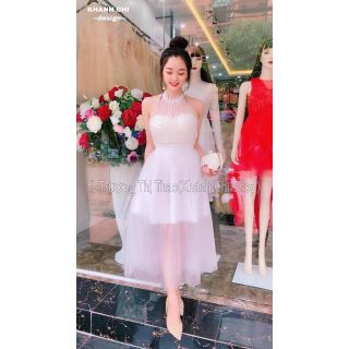 Đầm Xòe Ren Thêu Nổi Cổ Yếm Dễ Thương
