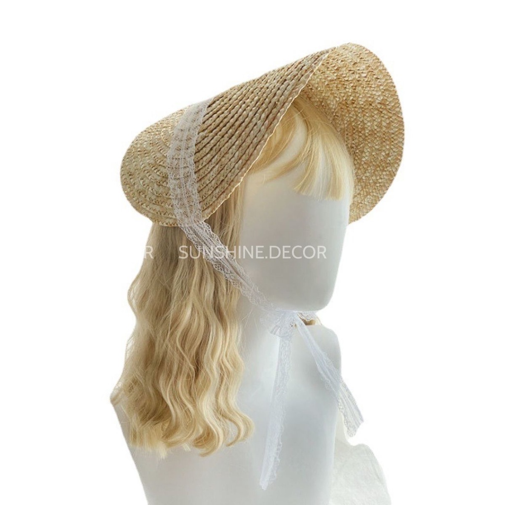 Mũ cói mũ rơm phong cách Lolita xinh xắn phụ kiện chụp ảnh du lịch, mũ đi biển dây ren