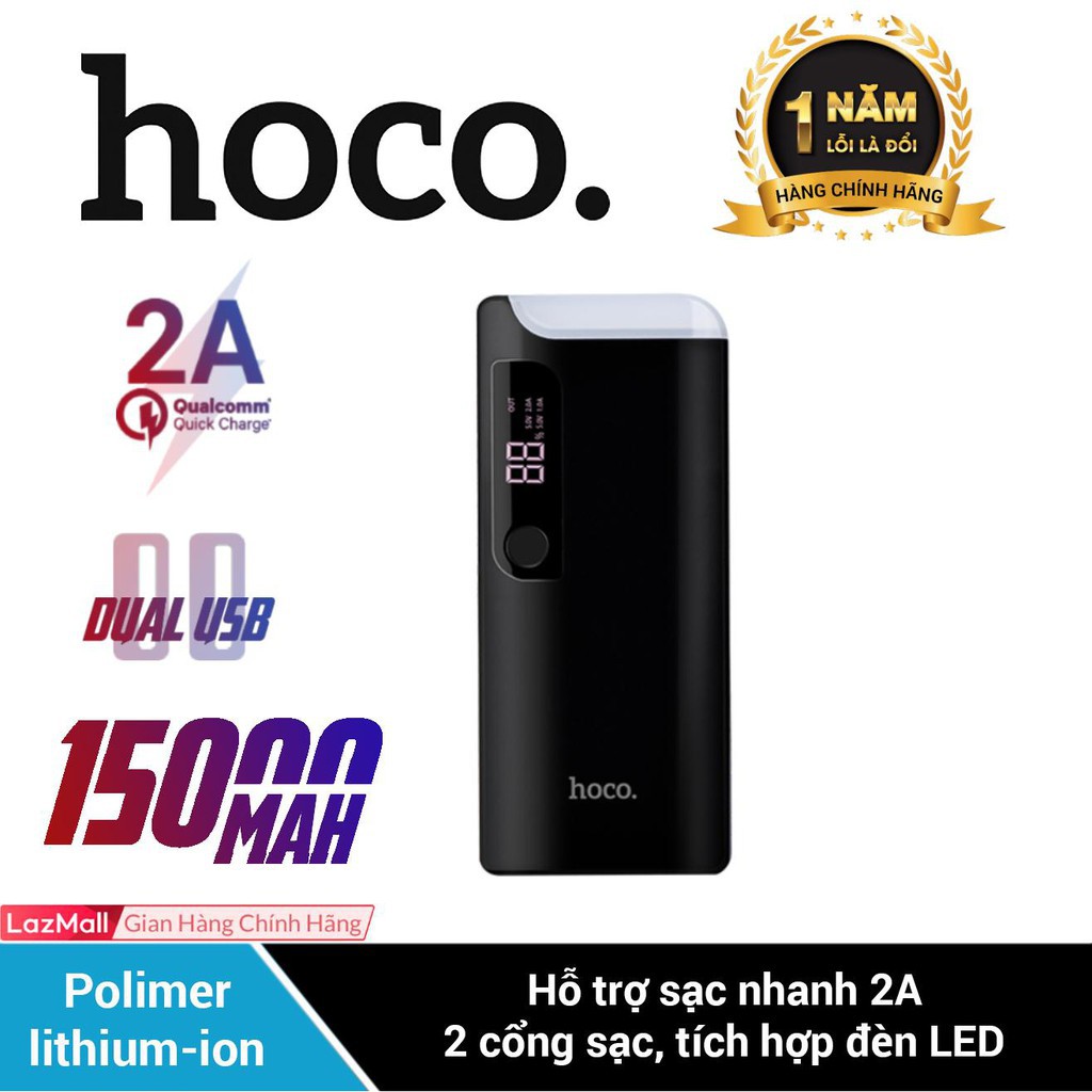 Pin dự phòng sạc nhanh 2A Hoco B27 dung lượng 15000mAh tích hợp đèn Led xoay 180 độ sạc cùng lúc hai thiết bị