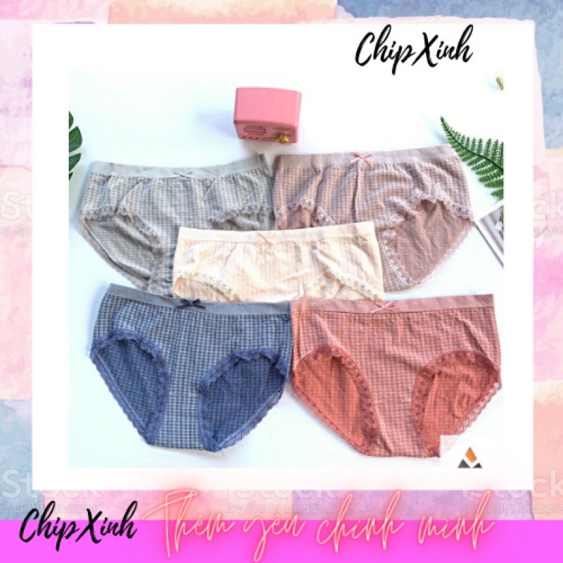 Quần lót nữ cotton cạp vừa phối kết karo viền ren mã CX07