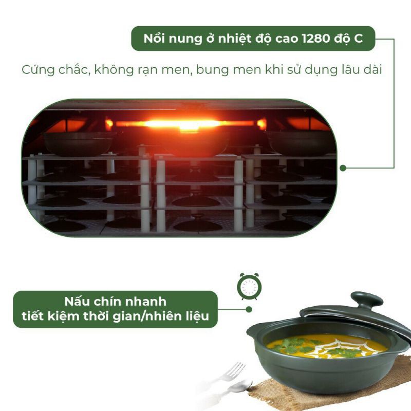 Nồi Sứ Dưỡng Sinh Minh Long Luna 1.0L Có Nắp, Tráng Men Sứ Xanh Rêu Dùng Kho Cá, Hầm Cháo