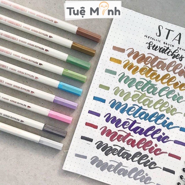 Bộ 10 bút lông Brush Metallic, bút viết Calligraphy, trang trí bullet journal, tiêu đề vở