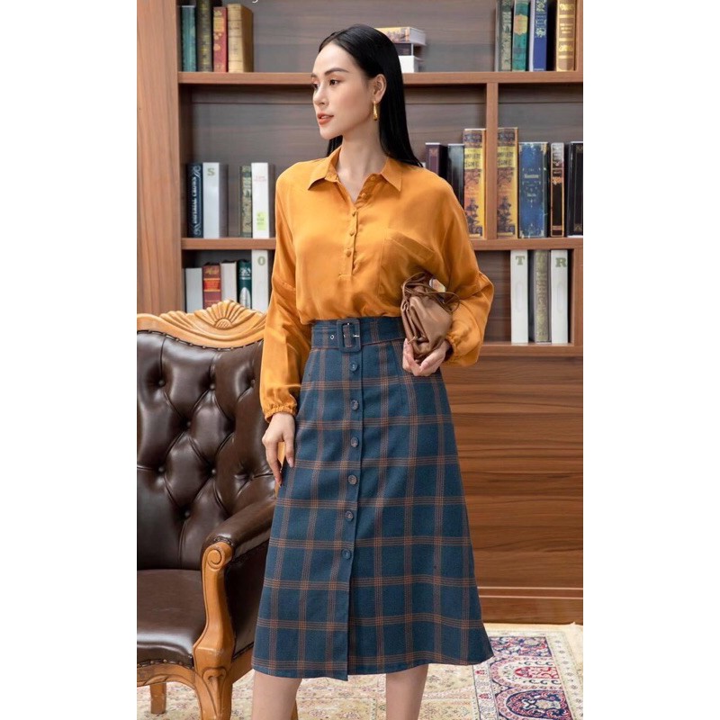 Vải Text kẻ Xanh Nâu may Váy Vest Blazer