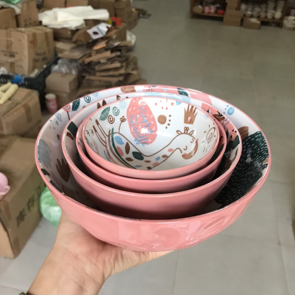 Bộ Chén Dĩa Sứ Bát Ăn Cơm Đĩa Sứ Dễ Thương Cute Bát Đĩa Hươu Hồng 8 Món Decor Cao Cấp B61