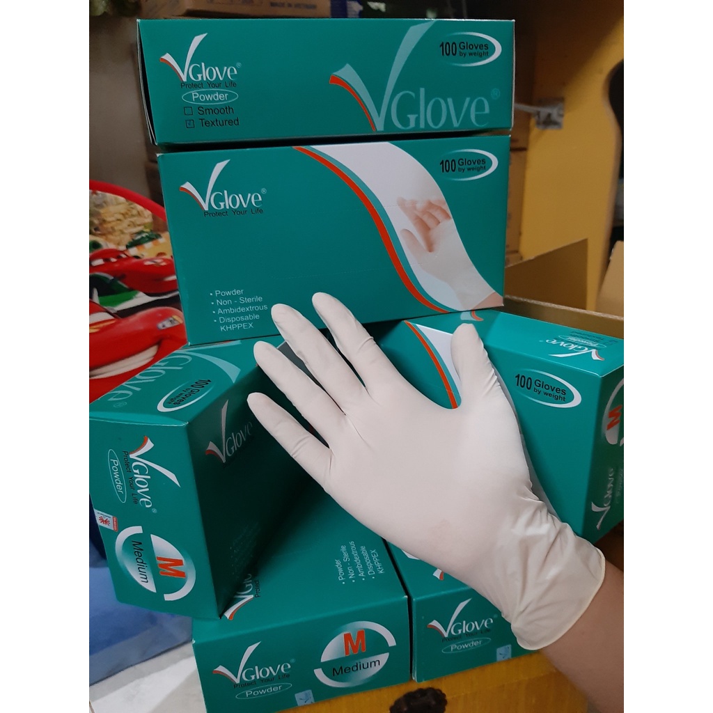 Găng tay cao su Y Tế Vglove có bột chính hãng Khải Hoàn loại 1 dai dẻo  đủ size S,M,L TEM CHÍNH HÃNG