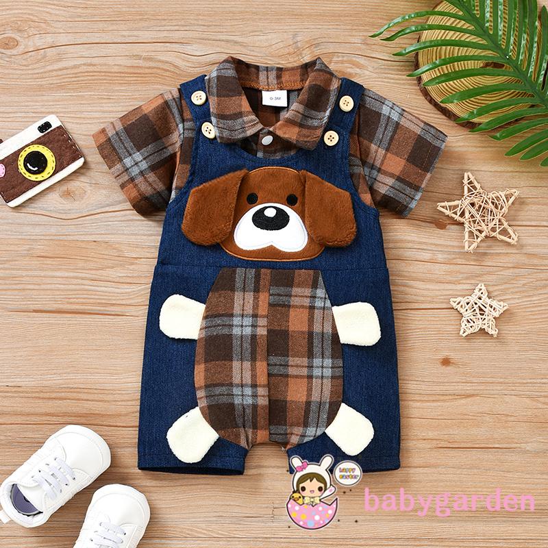 Bộ 2 Món Áo Liền Quần Đáy Thụng In Họa Tiết Kẻ Ô + Quần Yếm Cho Bé 0-18 Tháng Tuổi