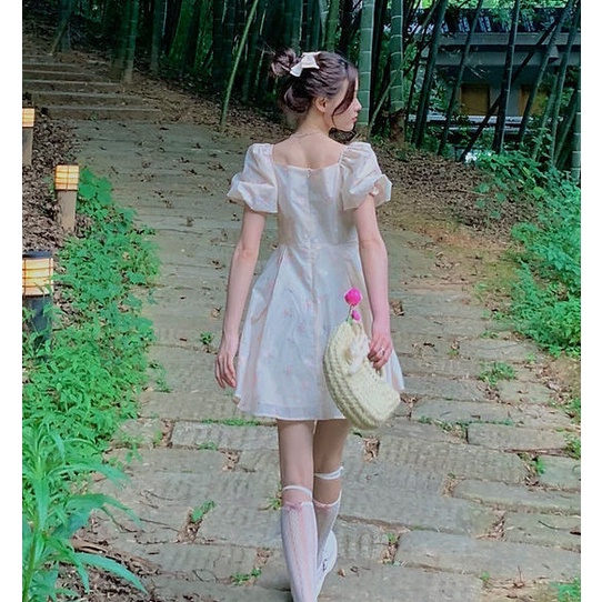 Đầm Ngắn Tay Phồng Đính Nơ In Hoa Thời Trang Mùa Hè Pháp 2022
