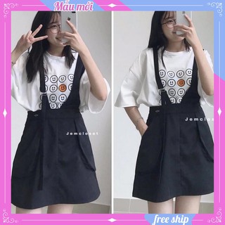Set áo thun mặt cười quần yếm💖FREESHIP💖 Áo phông dáng rộng mix quần yếm phong cách thời trang AD110 SUNNY