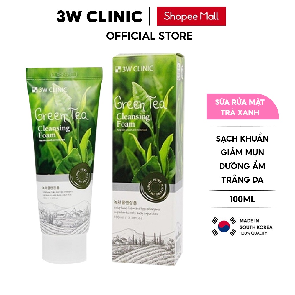 Sữa rửa mặt trà xanh 3W Clinic Green Tea Foam Cleansing Hàn Quốc 100ml Giúp làm sạch da/ giảm mụn/ trắng da tự nhiên