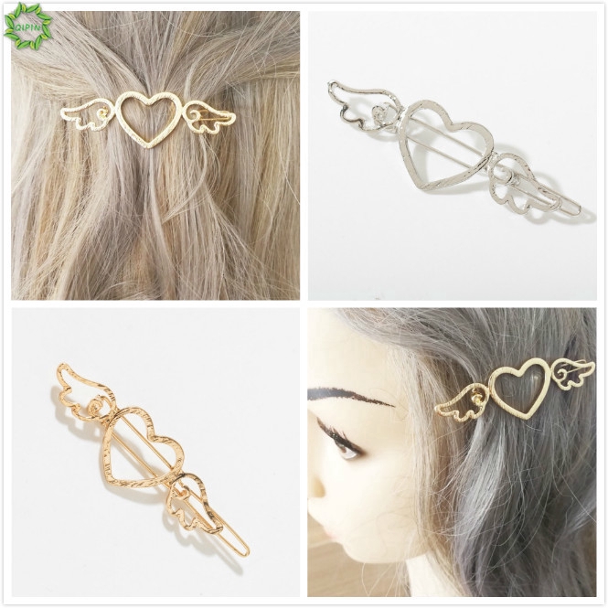 Cod Qipin Korean Heart Wings Hollow Hair Clips Retro Simple Metal Words Side Clips Hairpins 1pc