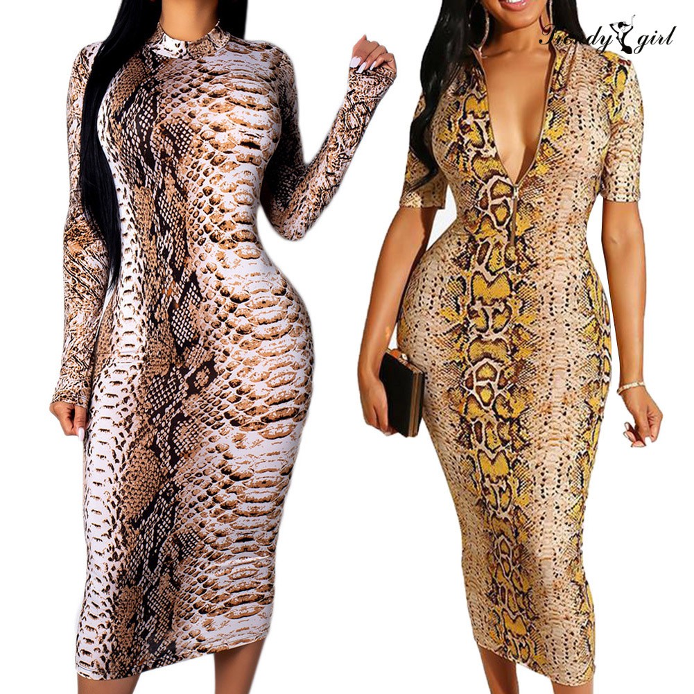 Đầm body tay ngắn/ dài hoạ tiết da rắn thiết kế ôm sát tôn dáng
