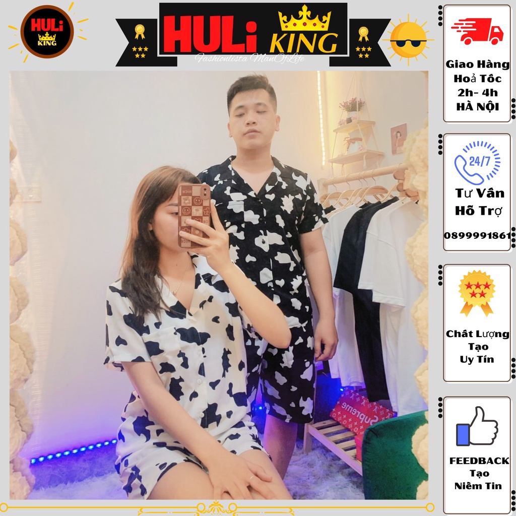 Bộ Đồ Cộc Pyjama Nam Nữ Vải Lụa , Bộ đồ ngủ nam nữ họa tiết bò sữa cao cấp HULikKing4117