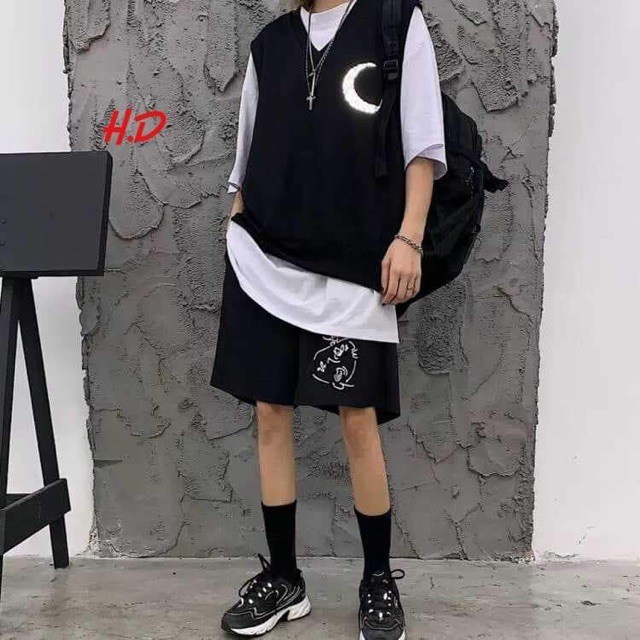 Áo gile mặt trăng phản quangtanktop phản quang bạc in hình mặt trăngchất cotton mềm mịnphong cách unisex kiểu dáng HQ