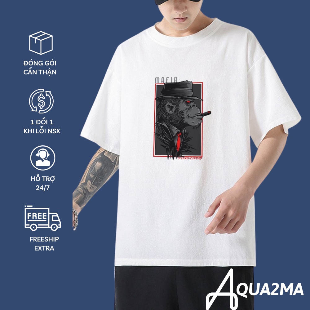 Áo phông form rộng Aqua2ma áo thun tay lỡ unisex In Khỉ Mafia Cotton rẻ đẹp freesize 40-70kg ATIN40AQ