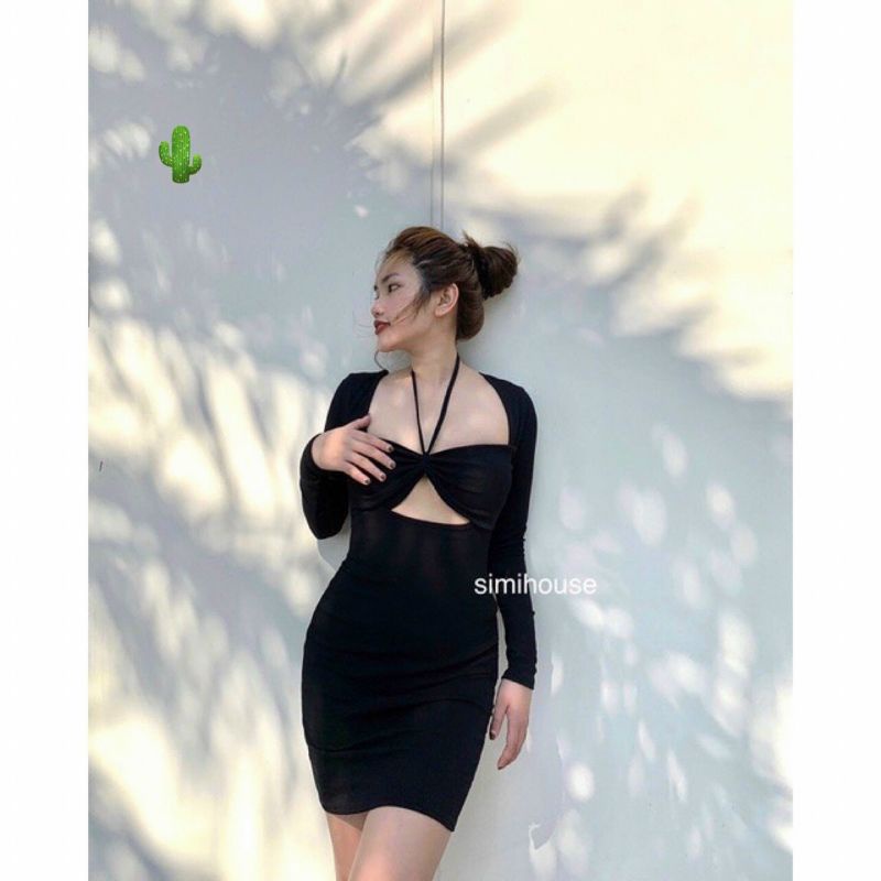 Đầm body 2 dây cột cổ khoét ngực tay dài ( kèm ảnh thật)