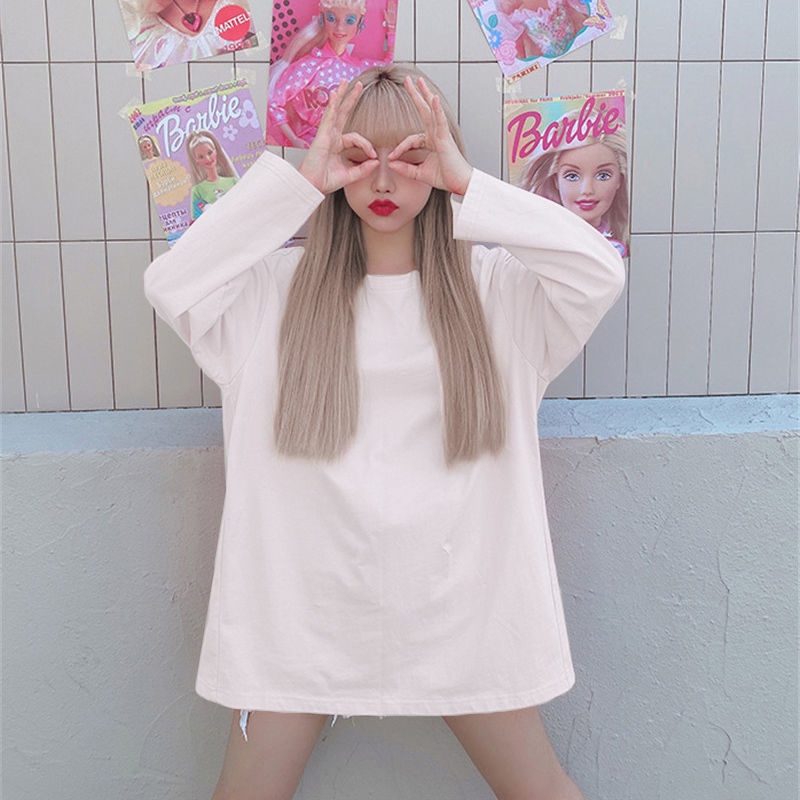 Áo Thun Trơn% Cotton Tay Dài Dáng Rộng Phong Cách Thời Trang Hàn Quốc Dành Cho Nữ