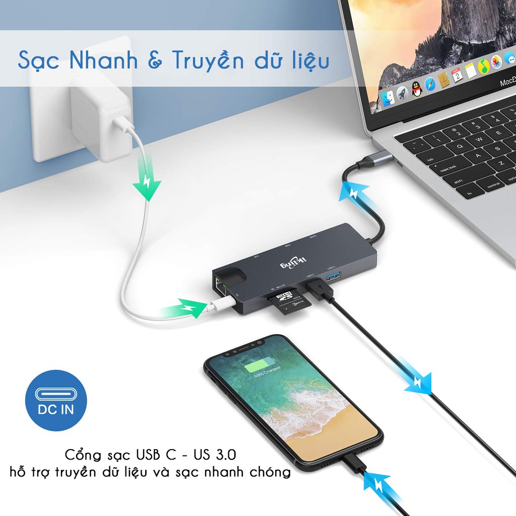Cổng Chuyển HyperDrive Hub USB Type C 9 Cổng Ikling Ethernet SD Mircro SD VGA UHD HDMI Audio USB3.0 Cho Macbook SamSung