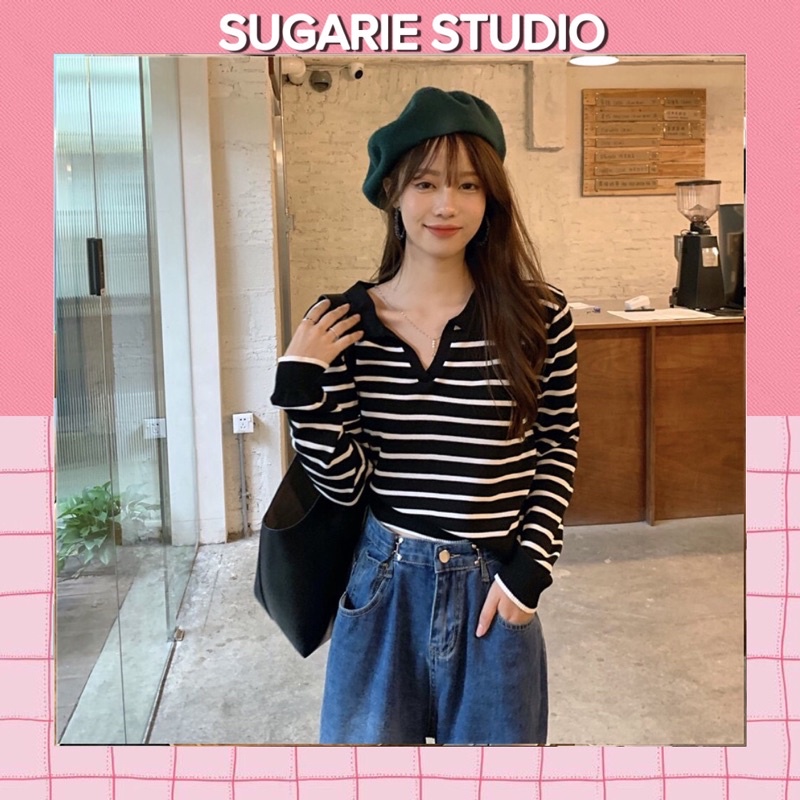 Áo thun dài tay dệt kim kẻ sọc Hàn quốc Sugarie | BigBuy360 - bigbuy360.vn