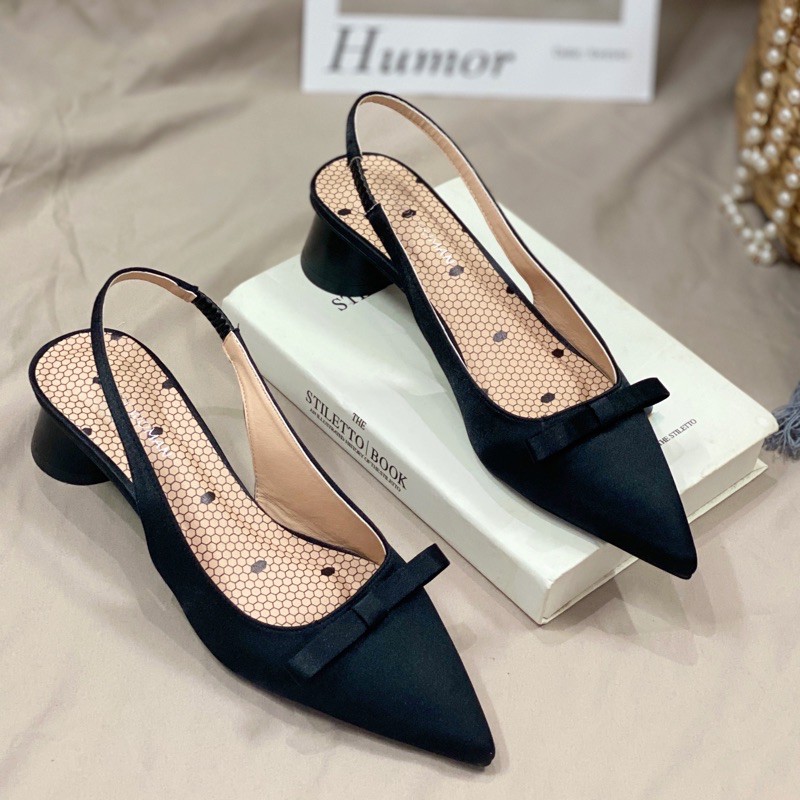 Giày cao gót nữ Slingback mũi nhọn phối nơ cao 3cm nhiều màu size 35 đến size 42 cho nàng ngoại cỡ - Toffly Shoes