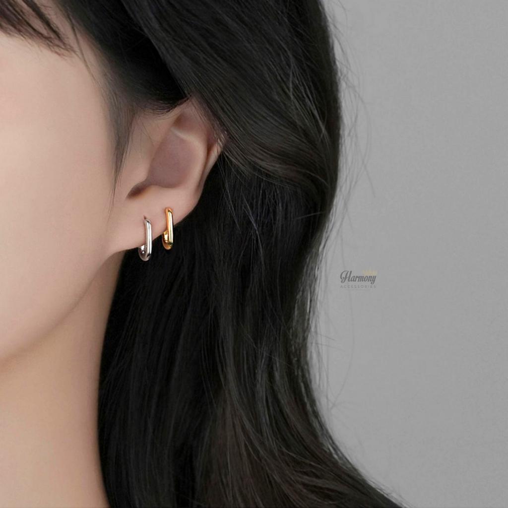 Bông tai nữ khuyên bạc mạ vàng Ellipse chốt bấm đơn giản, cá tính, unisex | HARMONY ACCESSORIES KN30