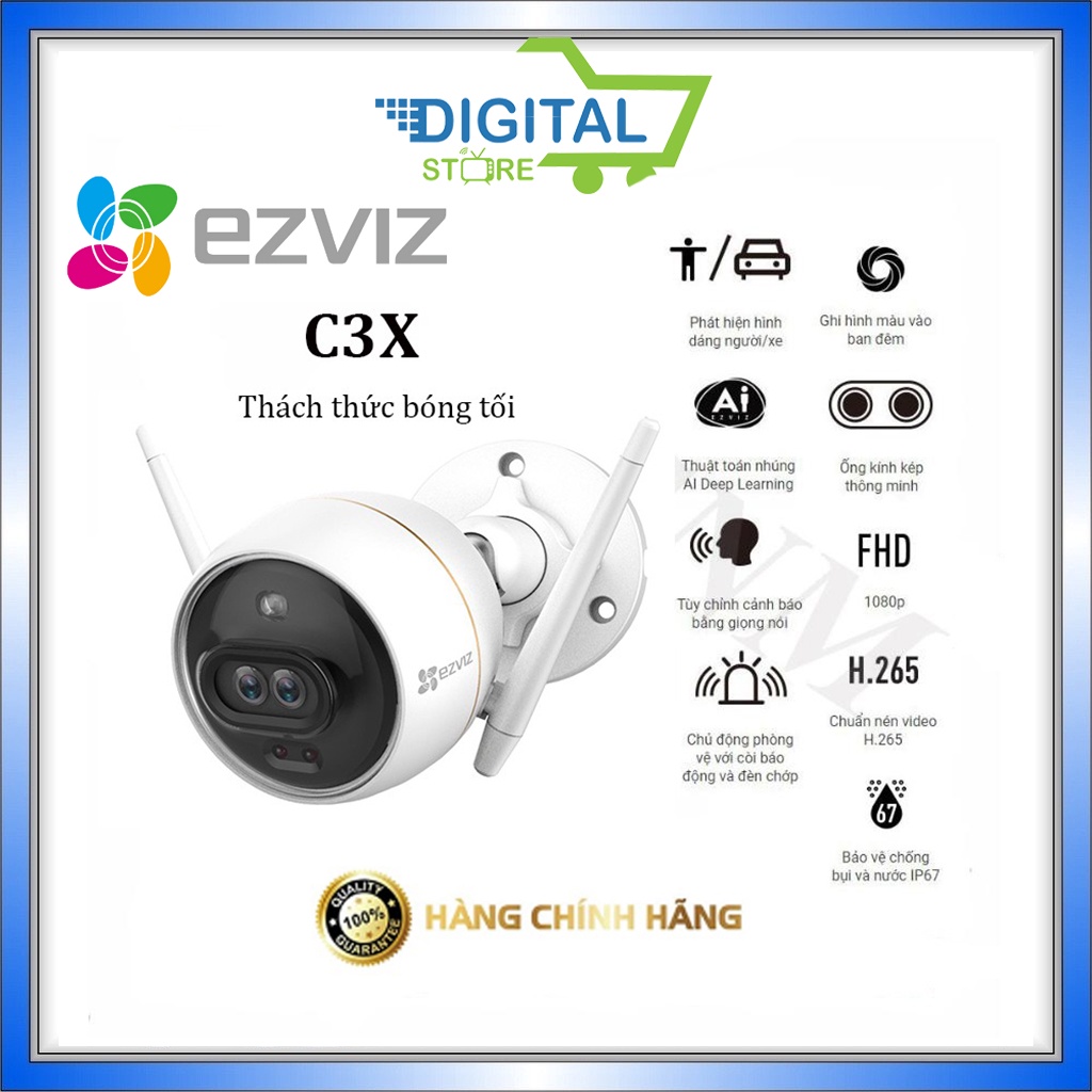 Camera IP WIFI 2M Ngoài Trời AI Thông Minh EZVIZ C3X  Màu Ban Đêm - C6N 1080 FULL HD thẻ nhớ 32G