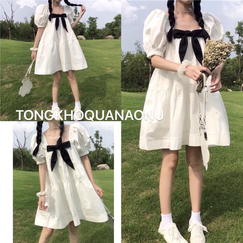 Đầm BABYDOLL CỔ VUÔNG nơ ❤️Váy trắng xoè chất thô mềm