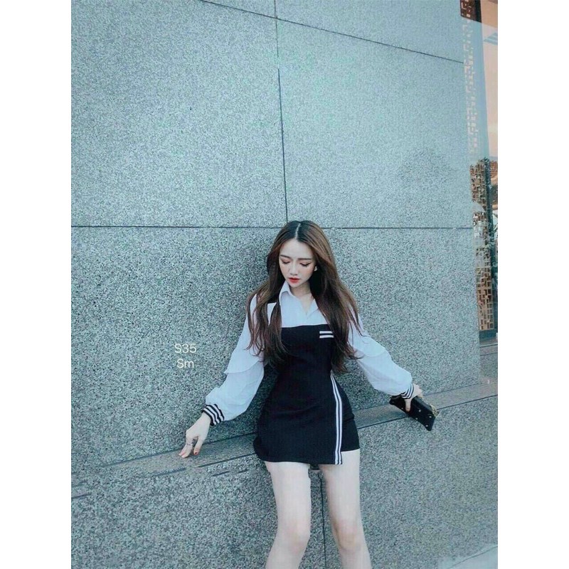 [Mã FAGREEN245 giảm 10% tối đa 30K đơn 99K] váy phối cổ sơ mi vạt xéo | BigBuy360 - bigbuy360.vn