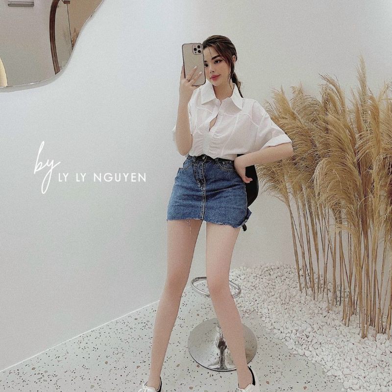 Set áo trắng + chân váy jean form A