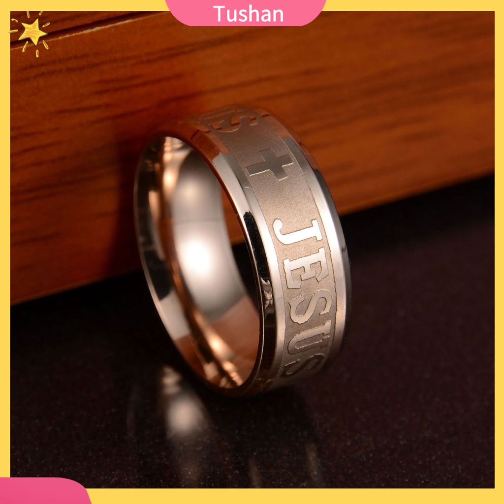 Nhẫn thép không gỉ họa tiết khắc thập giá và chữ Jesus độc đáo thời trang