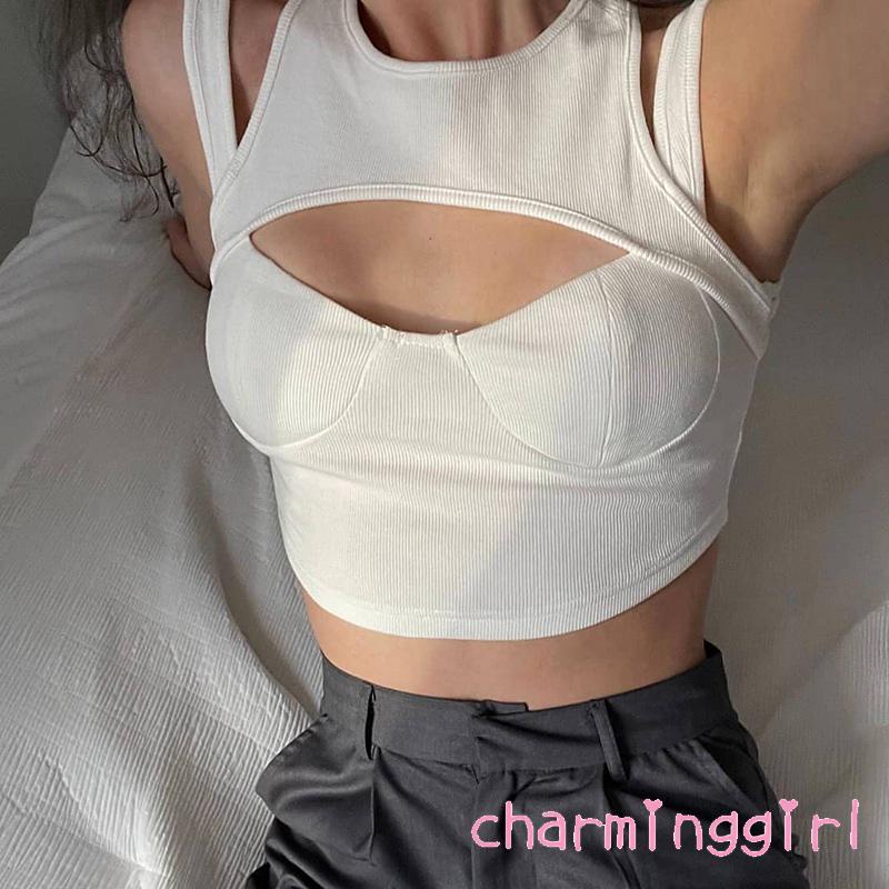 Áo Croptop Sát Nách Màu Trơn Thiết Kế Khoét Lỗ Thời Trang Cho Nữ