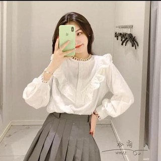 Áo Kiểu Cổ Tròn Viền Ren Bèo Ngực Chữ V Freesize<53kg - A.157