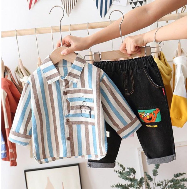 Set áo sơ mi kẻ sọc và quần jean bé trai (có ảnh thật)