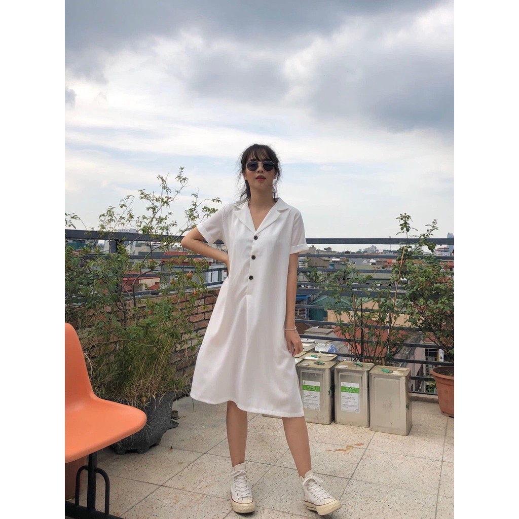 VÁY CỔ VEST XẺ VẠT DÁNG SUÔNG 4 MÀU - ĐẦM ĐŨI THỤNG CỔ VEST SƠ MI BE NÂU ĐEN TRẮNG HOT | BigBuy360 - bigbuy360.vn