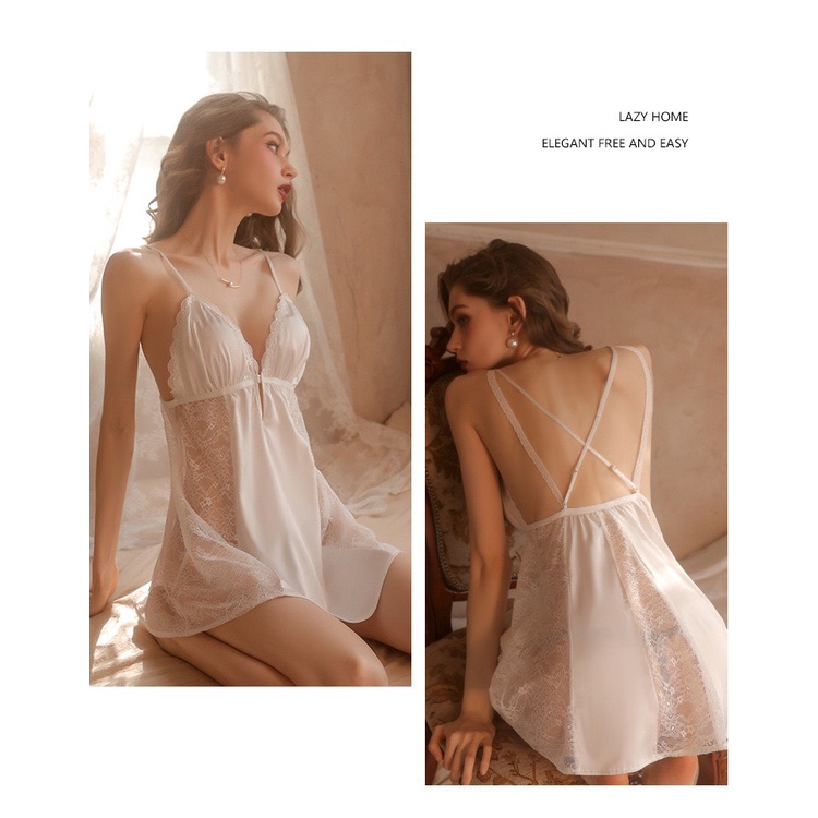 Váy ngủ lụa ren mềm mịn cổ V xẻ sâu cao cấp sexy hàng loại 1 cúp ngực V81