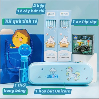 Bộ gồm hộp bút, bút chì, thổi bong bóng, xe tăng - Set quà, nhập học đến trường cho bé trai
