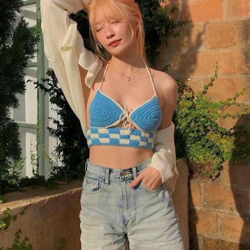 💎𝐀𝐌𝐎𝐑𝐌𝐈𝐎💎 Áo Top Hở Lưng Họa Tiết Bàn Cờ Phong Cách Y2K Áo bra dệt kim