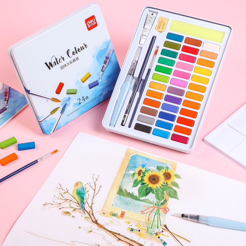 [Mã LIFEBOOK1 giảm 30K đơn 150K] Bộ Màu Nước DELI WaterColor Paper Cao Cấp 24/36 Màu Tặng 2 Bút, 1 Mút, 1 Cọ, 1 Tẩy