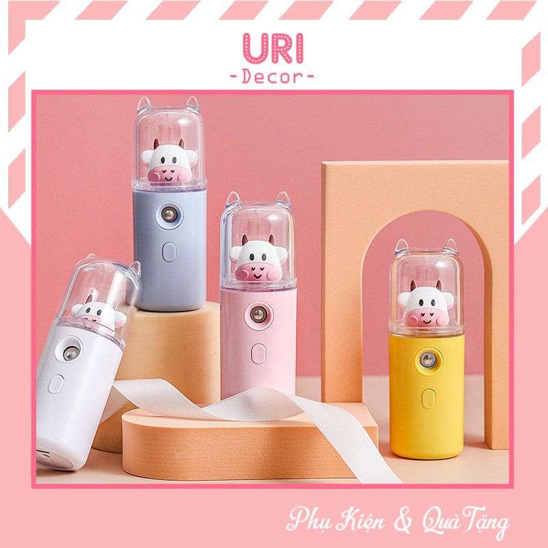 Máy phun sương mini cầm tay xông hơi tạo độ ẩm cho da, máy cấp ẩm mặt nano họa tiết bò sữa URI DECOR