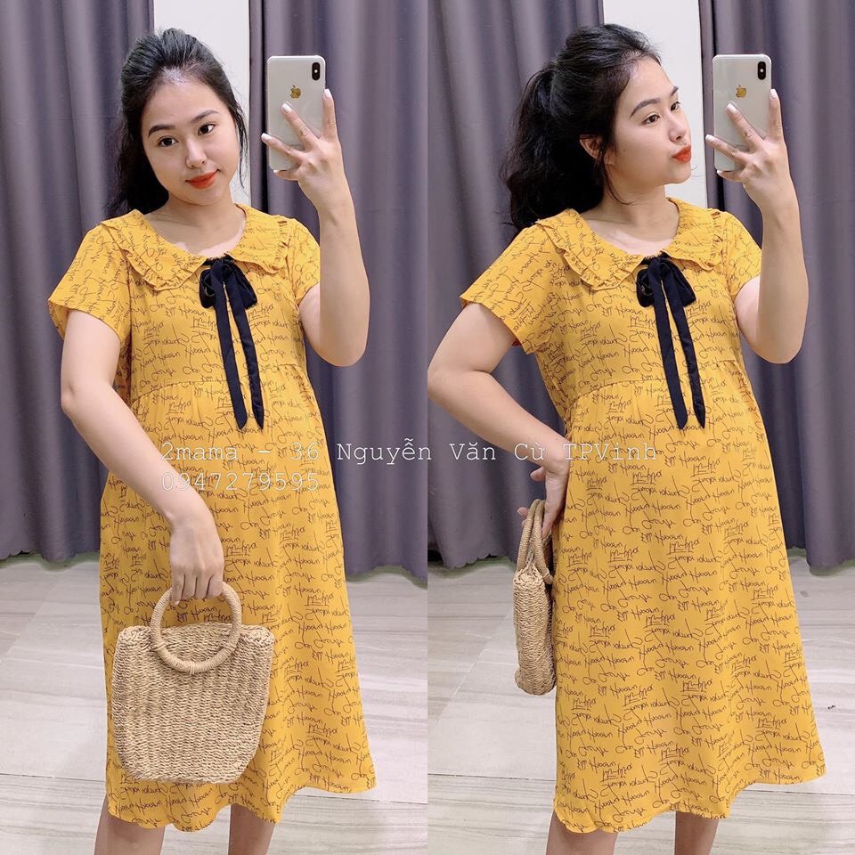 Váy bầu cổ bèo có nơ chất Lụa thái mềm mát - 𝐕𝟐𝟓