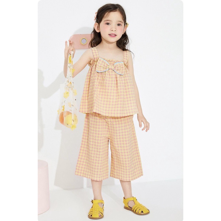 Bộ hè bé gái xuất Hàn melisa cam 2 dây nơ ngực quần ống rộng