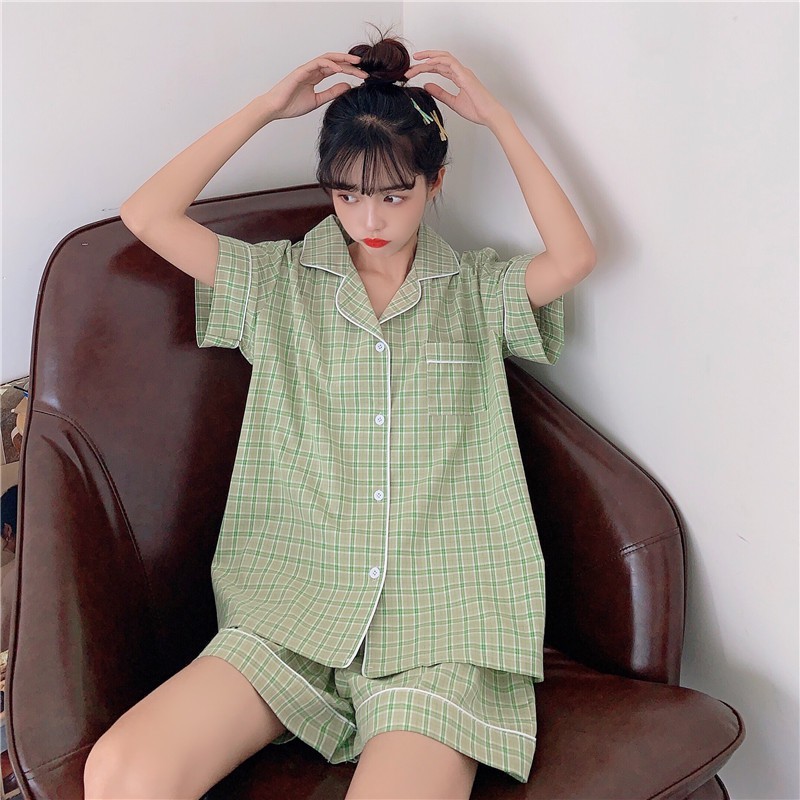 Bộ Đồ Ngủ Pyjama Kẻ Caro Xanh Lá Ulzzang Cute Form Rộng - Pijama Hè Bộ Mặc Nhà Ngắn Tay Hot Trend - Daube - S003