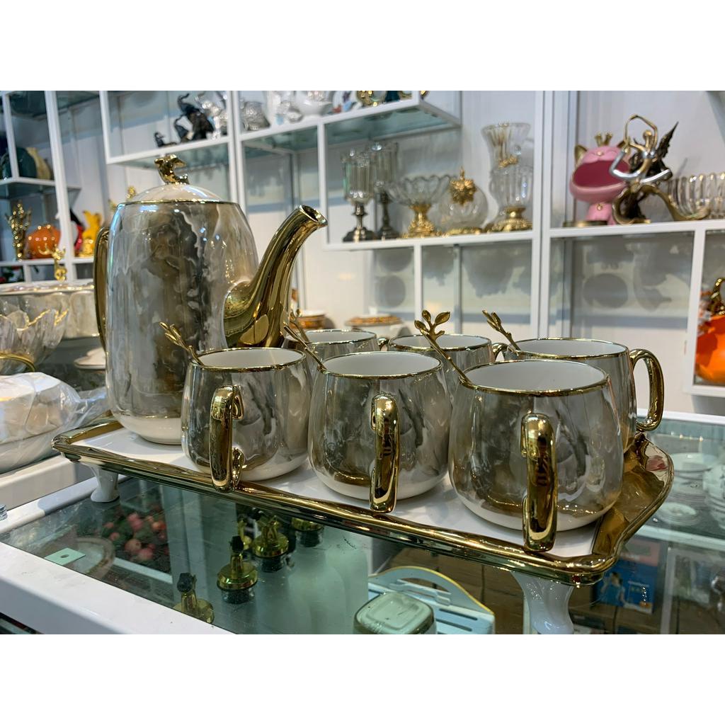 [ĐẶC BIỆT] Bộ trà ấm chén sứ vân đá tặng kèm 6 muỗng cafe. bộ tách pha trà màu vân ghi phong cách hiện đại