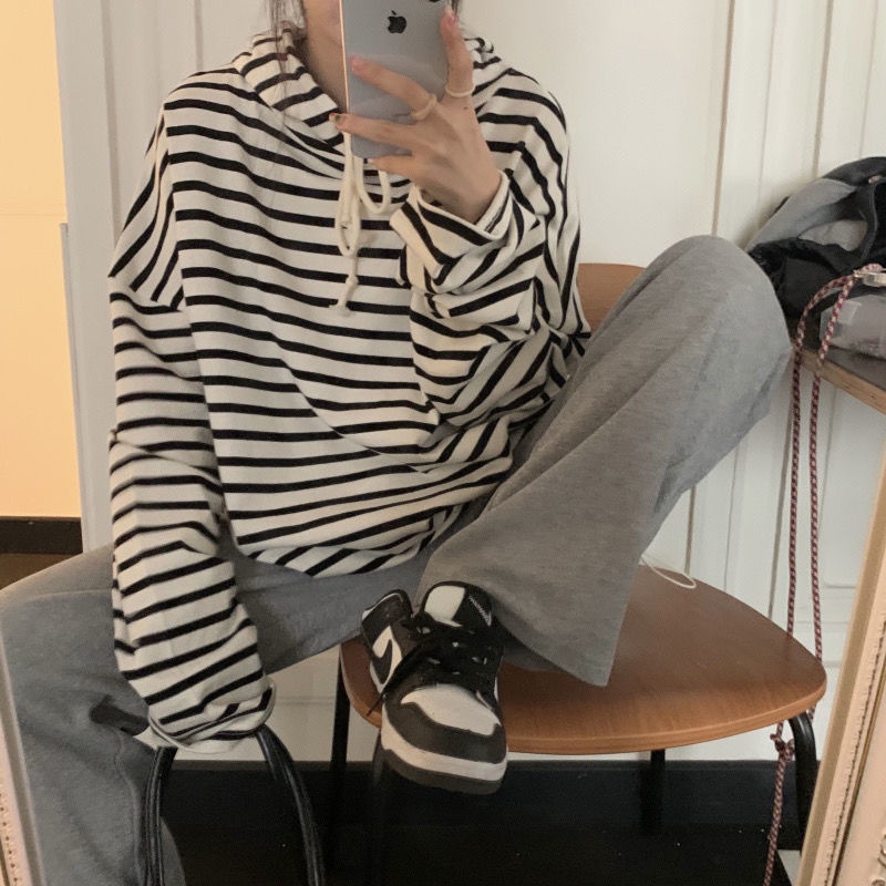 Áo Hoodie Nữ Dài Tay Sọc Ngang Kiểu Hàn Quốc