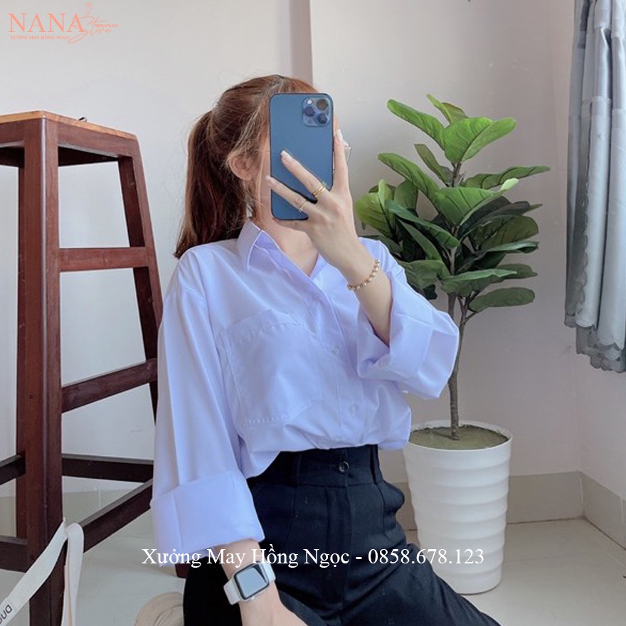 Áo sơ mi nữ đi học tay dài màu trắng xanh form rộng cổ bẻ V trụ có túi kiểu áo sơ mi nữ dài tay đi học vải cotton mát