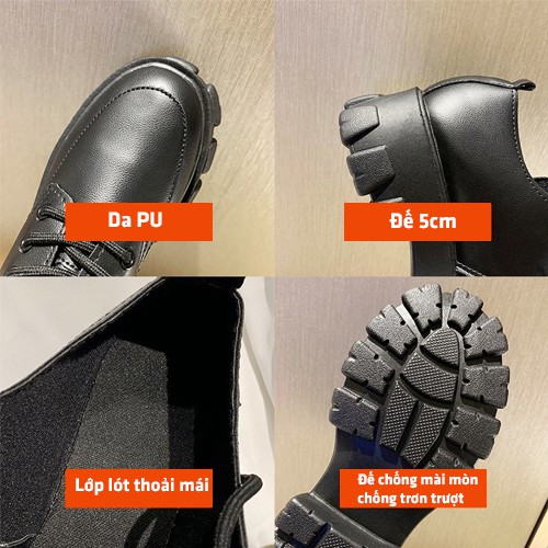 Giày Đốc Da Nữ Ulzzang Bot Thấp Cổ Đế Cao 5cm Mũi Tròn Chống Va Đập Diện Đi Chơi Du Lịch Phong Cách Giầy Oxford