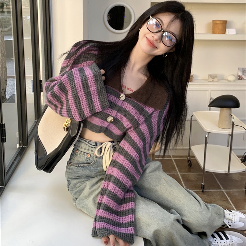 Áo Khoác Cardigan Dệt Kim Cổ polo Họa Tiết Kẻ Sọc Màu Tương Phản Thời Trang